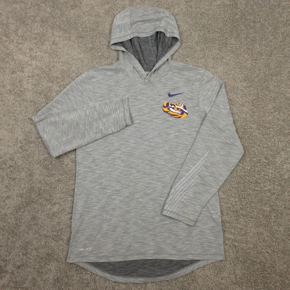 LSU Tigers Shirt Mens Small Gray Nike Drifit Hooded Long Sleeve Performance NCAA